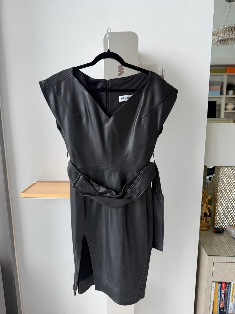 Maticevski Black Lambskin Leather Midi Dress with Waist Tie
